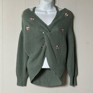 Almost Famous Women’s Olive Floral Off-the-Shoulder Sweater Built In Straps Sz L